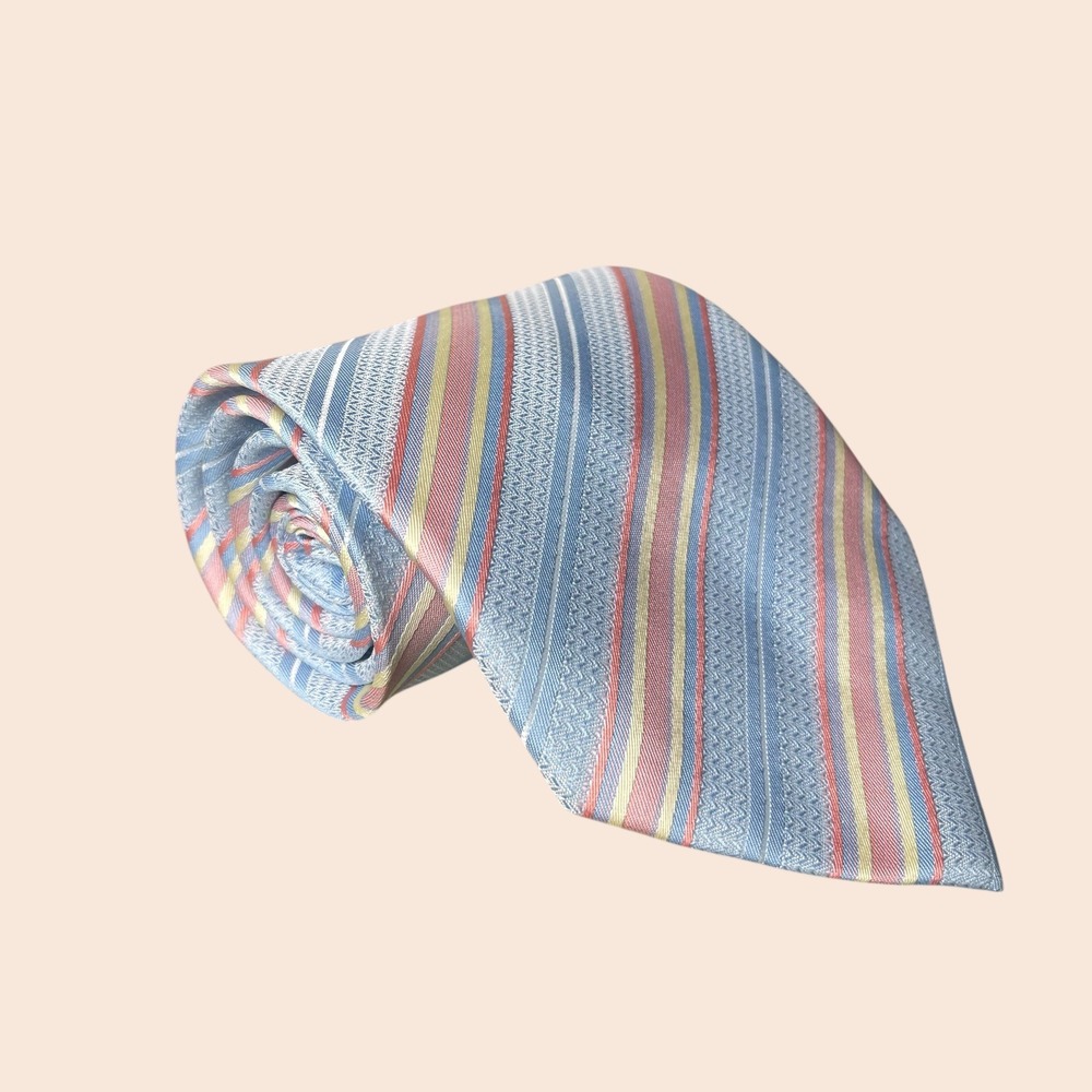 BOSS‎ Hugo Boss Mens Silk 100% Striped Classic Necktie Light Blue Red Yellow